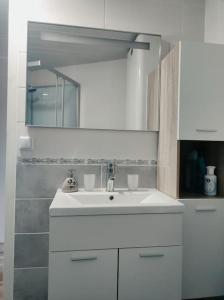 La salle de bains blanche est pourvue d'un lavabo et d'un miroir. dans l'établissement Studio privée de 24m2 à 20 min de Puy du fou, à Vendrennes
