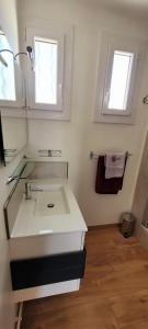 - une salle de bains blanche avec lavabo et 2 fenêtres dans l'établissement Appartement l'Isle sur Sorgue, à LʼIsle-sur-la-Sorgue