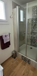 La salle de bains est pourvue d'une douche avec une porte en verre. dans l'établissement Appartement l'Isle sur Sorgue, à LʼIsle-sur-la-Sorgue