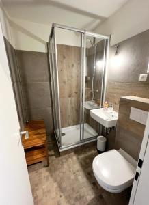 a bathroom with a shower and a toilet and a sink at Burgtiefe Südstrand "Haven Stuuv" in Fehmarn