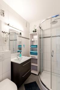 a bathroom with a sink and a shower and a toilet at Burgtiefe Südstrand "Seestern" in Fehmarn +14 photos