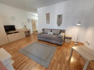 uma sala de estar com um sofá e uma mesa em MyRelax Apartment em Hajdúszoboszló