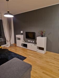 ein Wohnzimmer mit einem TV und weißen Möbeln in der Unterkunft Stan na dan Kod Pabla in Sombor