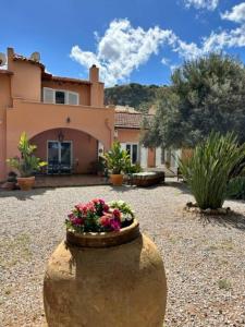 a house with a planter with flowers in front of it at Villa Marina Sant'Elia in Santa Flavia