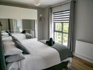 1 dormitorio con 2 camas y un espejo grande en Entire Modern Home with seaview and parking en Wicklow