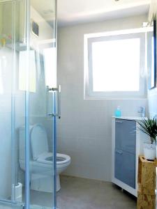 a bathroom with a toilet and a glass shower at Appartement moderne en bord de mer in Palavas-les-Flots