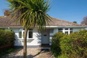 a palm tree in front of a white house at Pass the Keys Little Haven A stunning Bungalow in Minnis Bay in Birchington