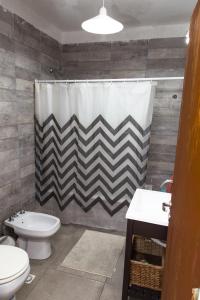 a bathroom with a toilet and a shower curtain at Los Palos Ribera Norte in Playa Unión