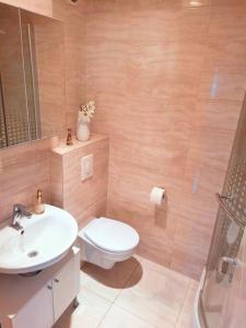 La salle de bains est pourvue de toilettes blanches et d'un lavabo. dans l'établissement Apartman Nane, à Solin