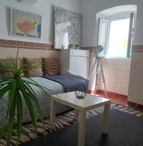pokój z łóżkiem, stołem i rośliną w obiekcie T1 Elvas w mieście Elvas