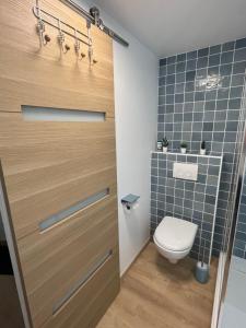 La salle de bains est pourvue de toilettes et de carrelage bleu. dans l'établissement Vivez l'Horizon sur la mer - Vue mer - plage - Port de plaisance, au Havre