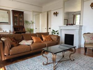 a living room with a brown couch and a fireplace at Le Manoir du Cerf in Gaillon-sur-Montcient