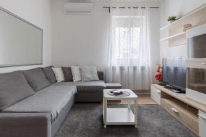 a living room with a gray couch and a tv at Lisinski apartment with private parking in Zagreb