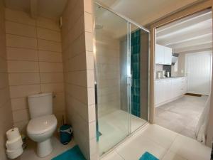 un bagno con wc e doccia in vetro di Dépendance complète centre-ville de La Teste a La Teste-de-Buch