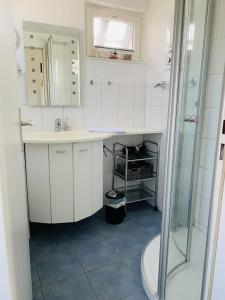 ein weißes Bad mit einem Waschbecken und einer Dusche in der Unterkunft Sternkieker in Kappeln