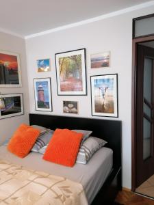 コウォブジェクにあるApartament przy Starówceのベッドルーム1室(オレンジ色の枕と壁の絵付)