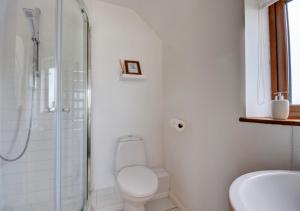 a white bathroom with a toilet and a shower at Badger Set in Cantley