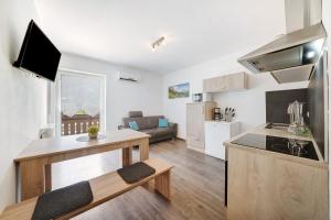 a kitchen and a living room with a counter top at Haus Tanja Apartment 2 in Parcines