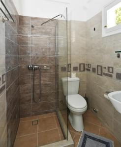 a bathroom with a shower and a toilet and a sink at Vanas Apartments in Spetses