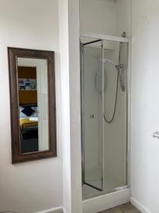 a shower in a bathroom with a mirror at Elemental Surf Lodge in Newquay