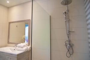 a bathroom with a shower and a sink at Villa Theodora View Apartments Klio in Corfu