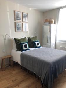 ein Schlafzimmer mit einem großen Bett mit grünen Kissen in der Unterkunft Eden Blue charmant appartement proche centre avec Garage Gratuit in Nantes