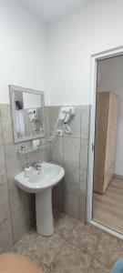 a bathroom with a sink and a mirror and a shower at Pensiunea La Codru in Jurilovca