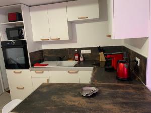 une cuisine avec des armoires blanches et un appareil rouge dans l'établissement Maison entière avec sauna privatif Sauna sur Sye, à Aouste-sur-Sye
