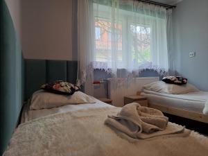 a bedroom with two beds and a window at Pokoje Gościnne u Grażynki in Nowy Sącz