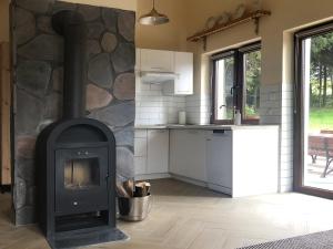 a kitchen with a wood stove in a room at Mazurski Domek Brożówka 50 m od plaży in Brożówka