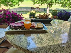 ein Tablett mit Essen und ein Glas Orangensaft auf dem Tisch in der Unterkunft Domaine Bellavigne Gites et SPA in Forcalquier
