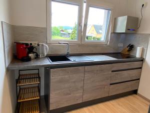 a small kitchen with a sink and a window at Sonnenlay Lounge Ferienhaus und Studio Balkon Garten E-Ladestation in Brauneberg
