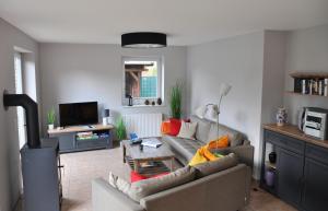 a living room with a couch and a tv at Burg und Burgstaaken Ferienhaus Viva in Fehmarn