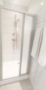 baño con ducha y puerta de cristal en Gemütliche Zweiraumwohnung in Ruhelage en Viena