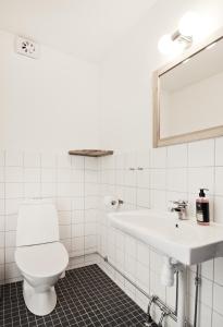 a white bathroom with a toilet and a sink at Kaptenshuset Hotell in Kivik