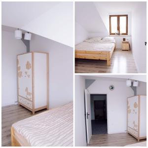 2 Bilder eines Schlafzimmers mit einem Bett und einer Tür in der Unterkunft Vital Horse 