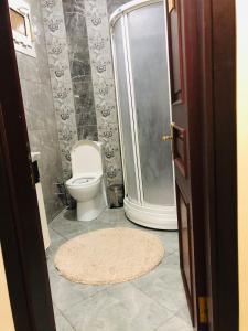 een badkamer met een toilet, een douche en een tapijt bij Comfort Hotel Taksim in Istanbul