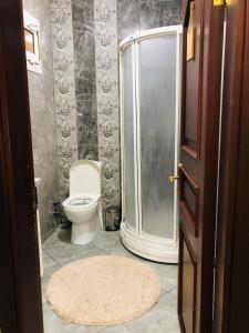 een badkamer met een douche, een toilet en een tapijt bij Comfort Hotel Taksim in Istanbul