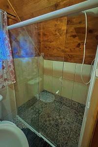 a shower with a glass door in a bathroom at Cantinho do Baianinho in Campos do Jordão