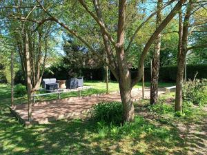 een park met twee banken en een boom bij La petite maison in Le Bosc-Roger-en-Roumois