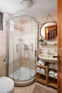 een badkamer met een douche en een wastafel bij Apartment Antonia in Novigrad Istria