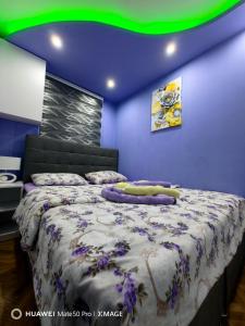 um quarto com uma cama com paredes roxas e verdes em Apartmani AMONA STAN NA DAN em Doboj