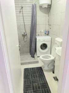 een badkamer met een toilet en een wasmachine bij Apartment Marina 2 in Kotor