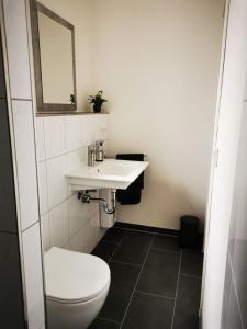 uma casa de banho com um WC e um lavatório em Ferienwohnung Landblick 