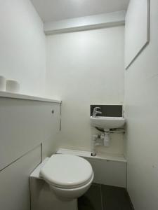 a white bathroom with a toilet and a sink at Stylish 3 bedroom House In Grt Gregorie Basildon & Essex - Free Wifi, Parking, Dedicated Office & Private Garden in Basildon