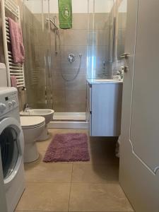 uma casa de banho com um chuveiro, um WC e um lavatório. em Bellaveduta Holidays Home em Baldissero Torinese