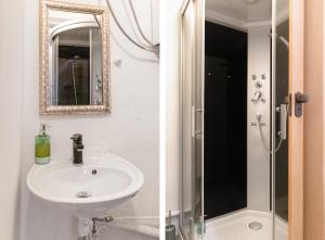 two pictures of a bathroom with a sink and a shower at Vibrant 1BR - Ideal Long Stay Accommodation in Vienna