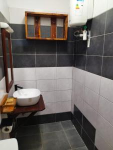 a bathroom with a sink and a mirror at LE CHALET DOMAINE DU ROCHER in Bourda