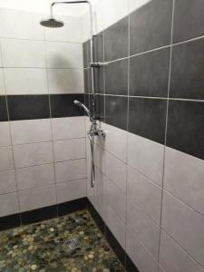 a shower in a bathroom with a tiled wall at LE CHALET DOMAINE DU ROCHER in Bourda