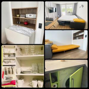 a collage of photos of a bedroom and a room at Maisonnette am Bikepark Winterberg mit Terrasse Loggia Garage in Winterberg
